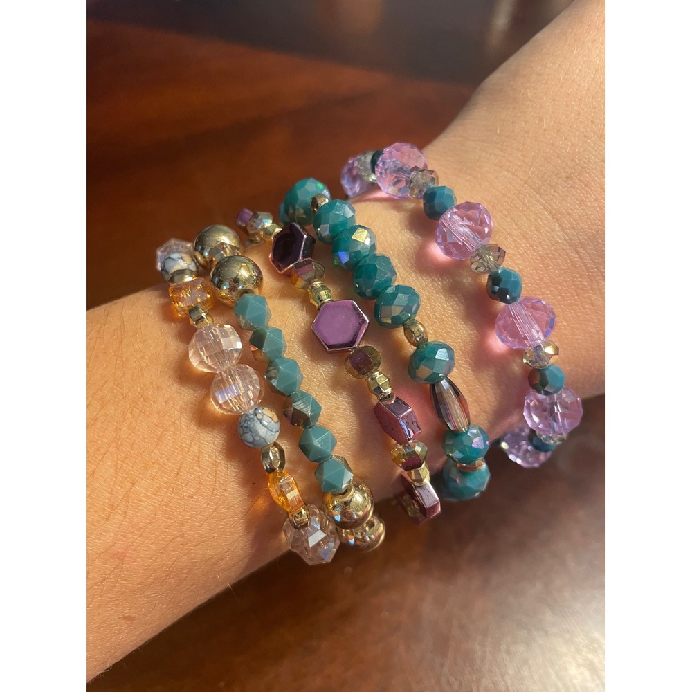 Erimish Beaded Stretch Bracelet Stack Teal Lavender Gold 5 Piece Set